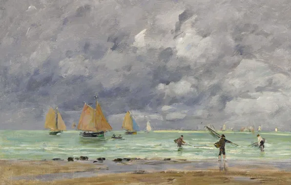 Sea, clouds, picture, sail, Eugene Boudin, Eugene Boudin, Fishers and Boats Near Trouville