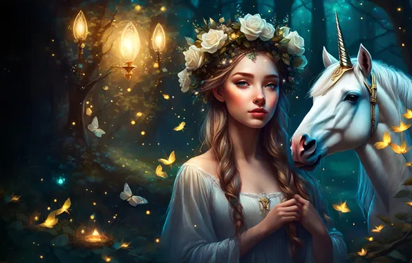 Girl, butterfly, fantasy, unicorn
