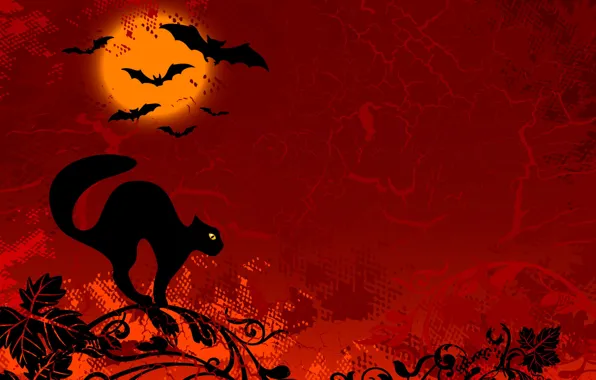 Picture cat, black, figure, branch, mouse, red background, Halloween