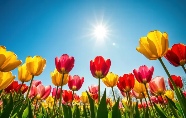 Field, the sky, the sun, rays, light, flowers, blue, spring