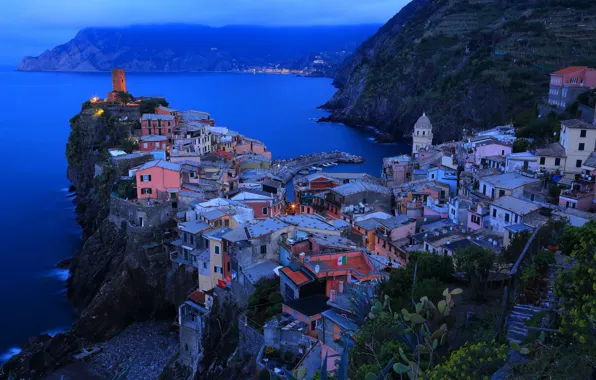 Sea, night, the city, lights, rocks, home, Italy