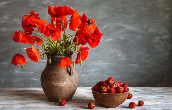 Berries, Maki, strawberry, bowl, pitcher