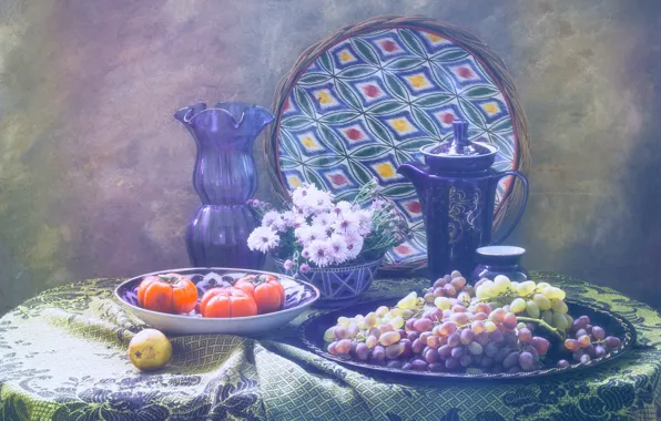 Flowers, table, bouquet, plate, grapes, dishes, vase, bowl