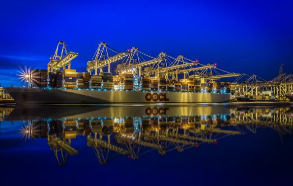 Lights, crane, port, Netherlands, a container ship, Rotterdam