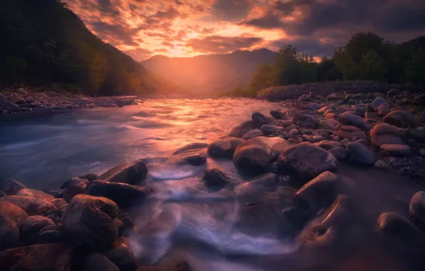 Picture sunset, mountains, river, stones, verbal
