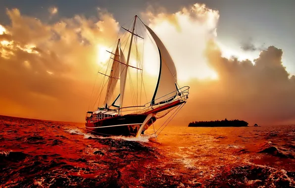 Sea, Sunset, sailing