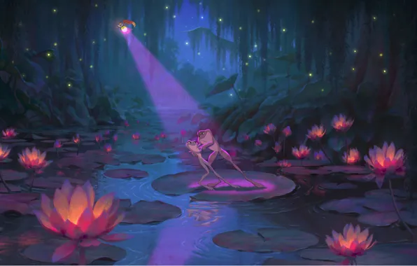 Night, fireflies, cartoon, lights, Lotus, Disney, The Princess and the Frog, Ray