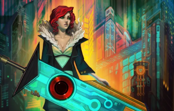 Picture girl, sword, art, red, transistor, Supergiant Games