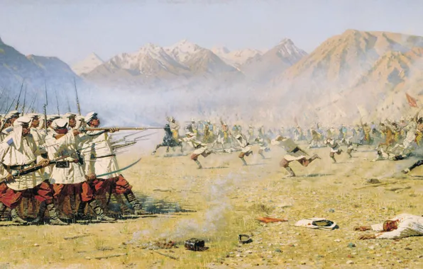 Mountains, war, soldiers, shooting, the battle, guns, cavalry, Vereshchagin