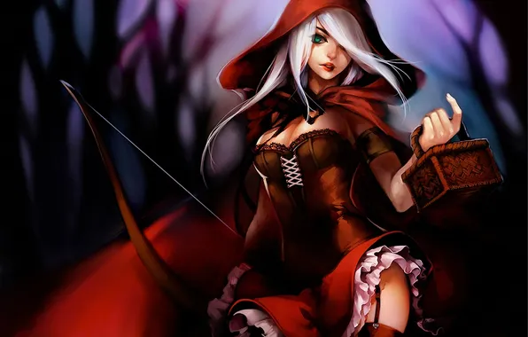 Girl, red, bow, art, hood, cloak, basket, League of Legends