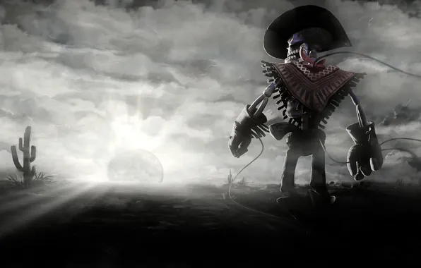 The sun, sunset, cactus, skeleton, cowboy