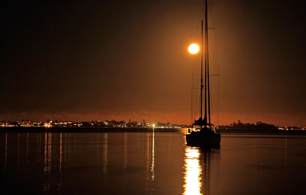 Picture the sky, night, lights, lake, boat, yacht, The moon