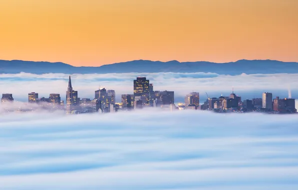 Mountains, fog, skyscraper, home, morning, San Francisco, USA