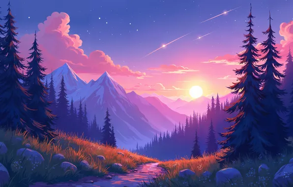 The sun, Mountains, Trees, Stones, Dawn, Track, Digital art, AI art