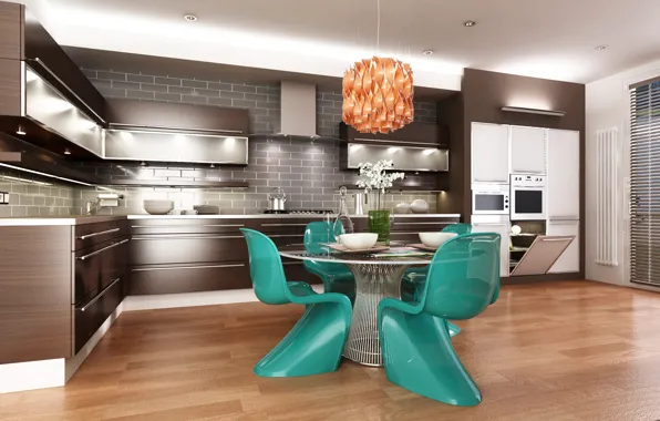 Table, furniture, kitchen, chandelier, design, kitchen, 3D Graphics