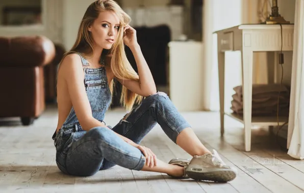 Picture girl, cute, denim, jumpsuit