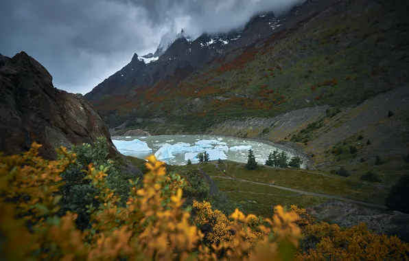 Autumn, mountains, lake, shore, the slopes, view, shrubs
