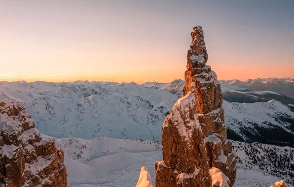 Snow, mountains, clear skies