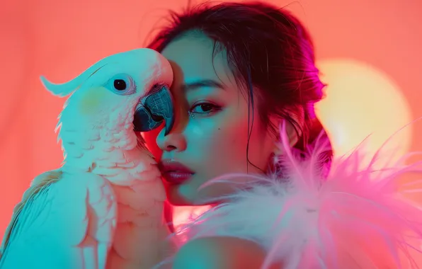 White, look, girl, pose, bird, portrait, feathers, brunette