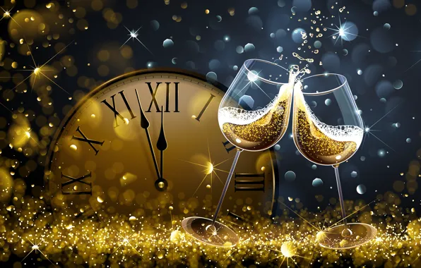 Picture watch, glass, new year, champagne, bokeh, 2018, New Year, Happy