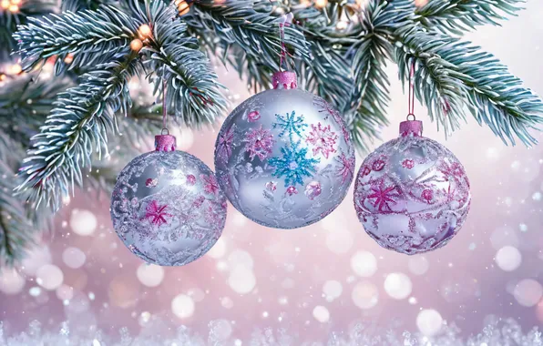 Snow, New year, Tree, Christmas decorations