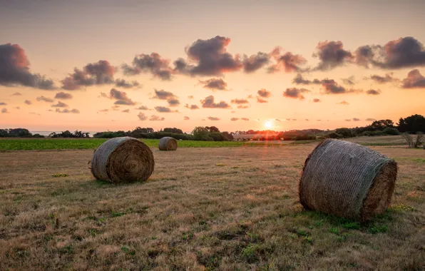 Field, the sun, clouds, rays, sunset, dal, hay, bales