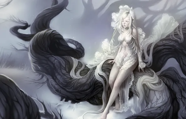 Girl, tree, art, lace, in white, white hair
