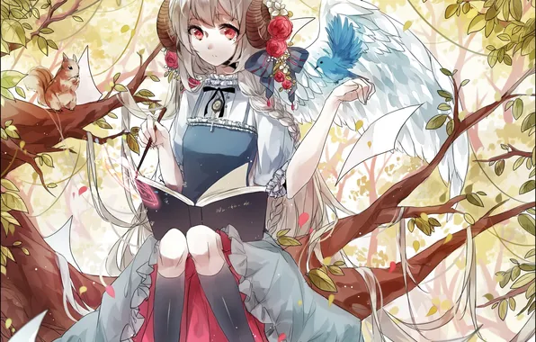 Picture girl, flowers, birds, nature, roses, wings, anime, protein