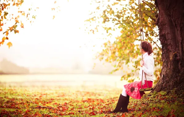 Picture field, autumn, grass, nature, swing, tree, foliage, Girl