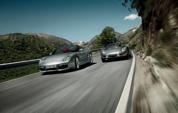 The sky, speed, porsche, mountain road, old and new