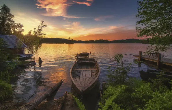 Picture sunset, lake, boat