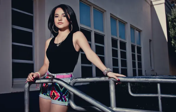 Railings, singer, Becky G, beautiful brunette, girl posing, Becky G, sports T-shirt