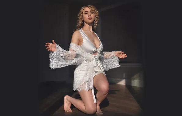 Pose, room, actress, blonde, in white, Caylee Cowan, Kayleigh Cowan