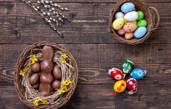 Picture chocolate, eggs, colorful, rabbit, candy, Easter, wood, Verba