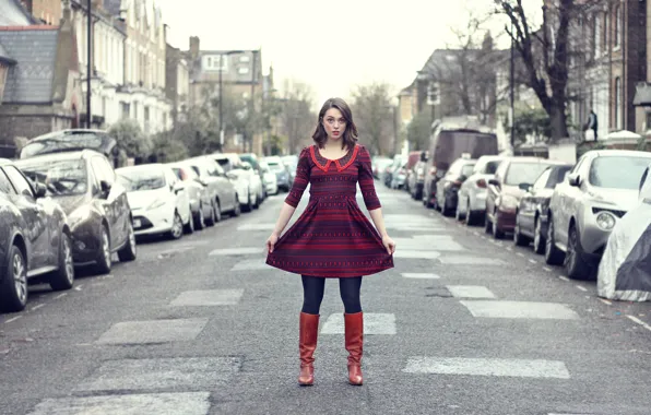 Girl, the city, street, surprise, dress, Imogen