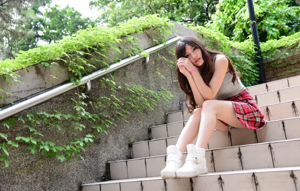 Girl, face, model, hair, steps, legs, sitting