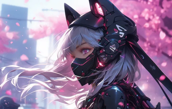 Eyes, girl, the wind, hair, anime, Sakura, helmet, cyberpunk