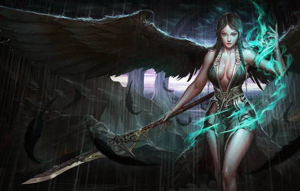 Picture erotic, pose, weapons, magic, wings, feathers, art, girl. look