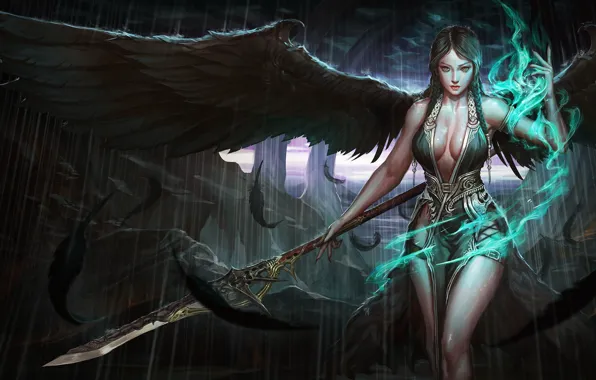 Erotic, pose, weapons, magic, wings, feathers, art, girl. look