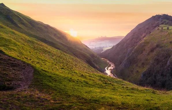 Picture the sun, mountains, river, tops, England, height, morning, slope