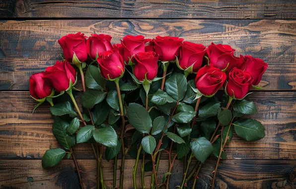 Leaves, flowers, holiday, stems, Board, roses, bouquet, red