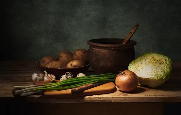 Green, style, retro, the dark background, table, pen, half, food