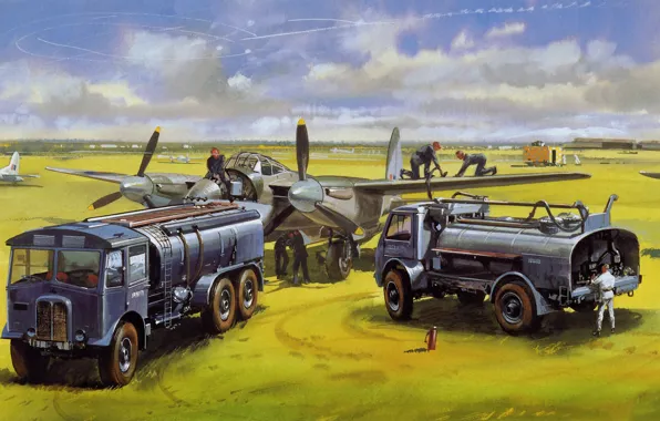 Picture field, figure, aircraft, tankers, war.airfield.takeoff, wait. staff