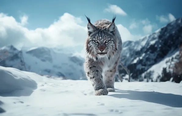 Winter, look, snow, nature, pose, lynx, face, AI art