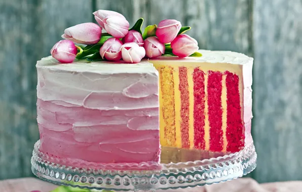 Tulips, cake, decoration, cream, sweet, layered