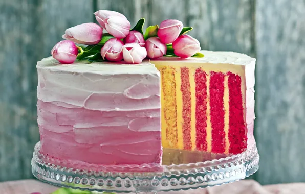 Decoration, tulips, cake, cream, sweet, layered