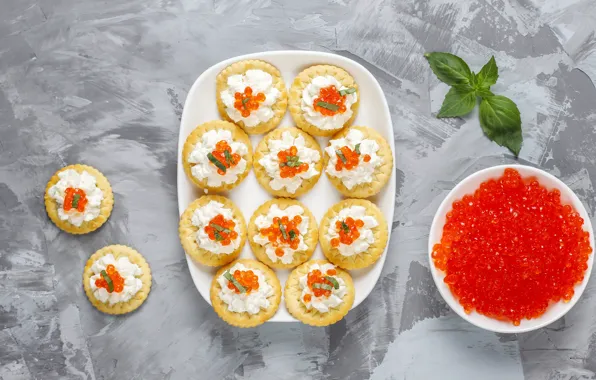 Table, caviar, tartlets, red caviar