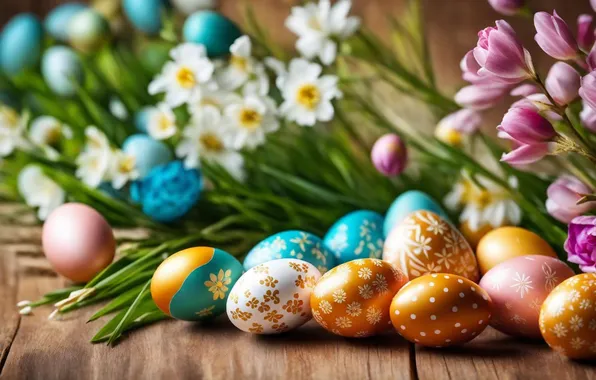 Picture flowers, eggs, spring, colorful, Easter, happy, flowers, spring