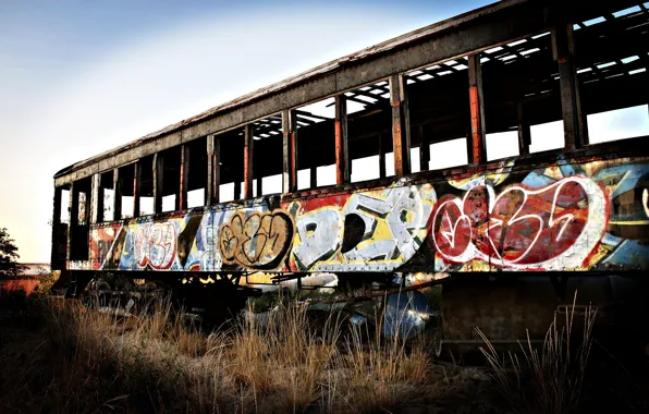 Graffiti, the car, abandoned, tram