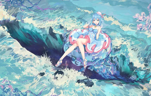 Sea, wave, girl, jellyfish, Hatsune Miku, Vocaloid, Vocaloid, Hatsune Miku